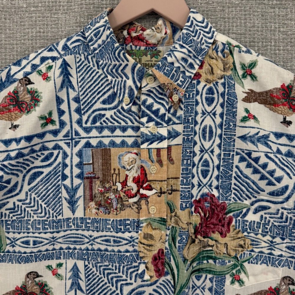 Vtg 1999 Reyn Spooner Mele Kalikimaka L Popover Hawaiian Christmas Goose Blue